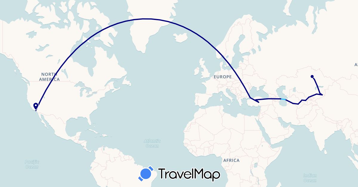 TravelMap itinerary: driving, boat in Azerbaijan, Kyrgyzstan, Kazakhstan, Turkmenistan, Turkey, United States, Uzbekistan (Asia, North America)